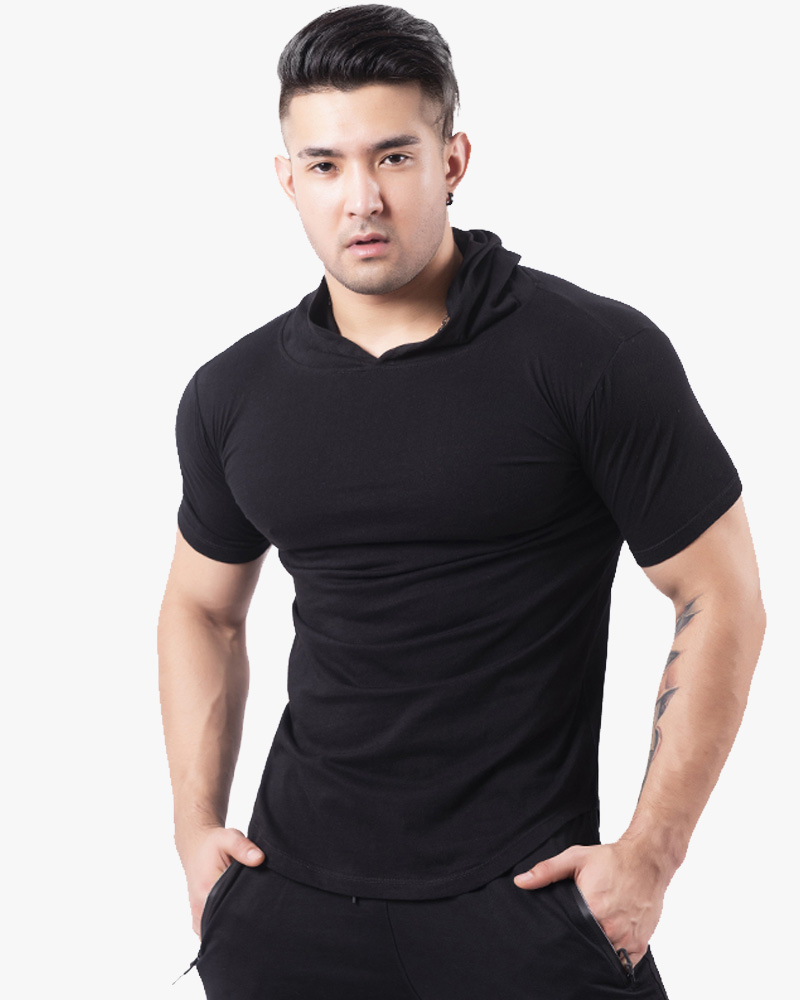  Men's hooded fitness suit short sleeved sport t shirts