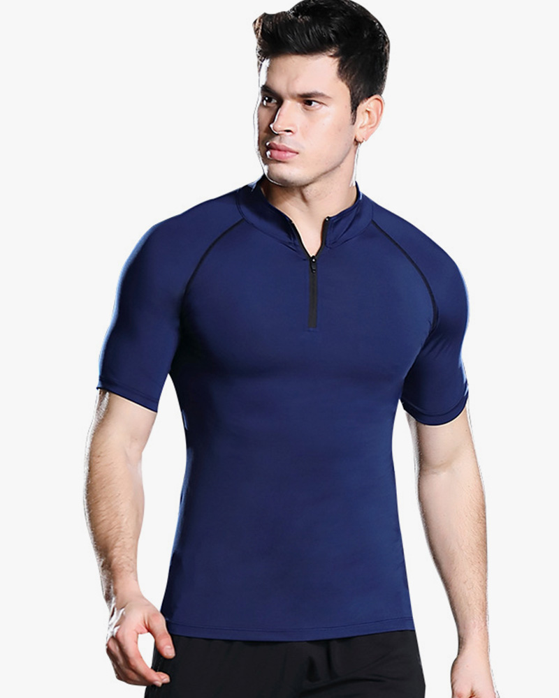 Quick dry zipper standing neck short sleeved tight fitting sportswear