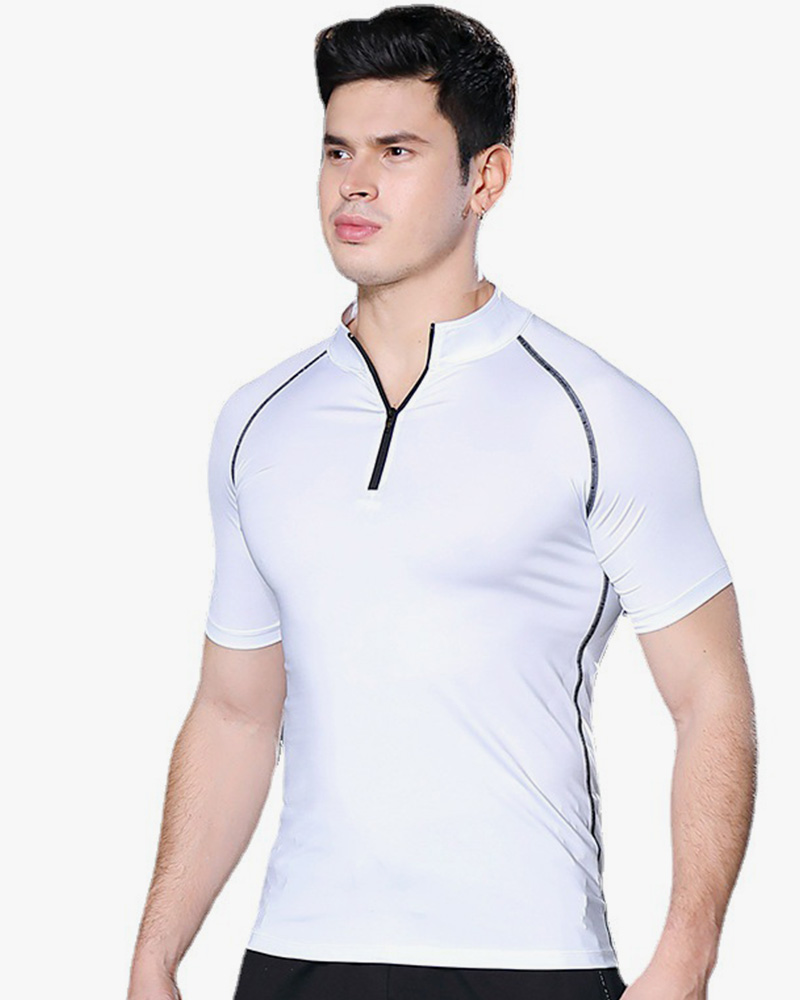 Quick dry zipper standing neck short sleeved tight fitting sportswear