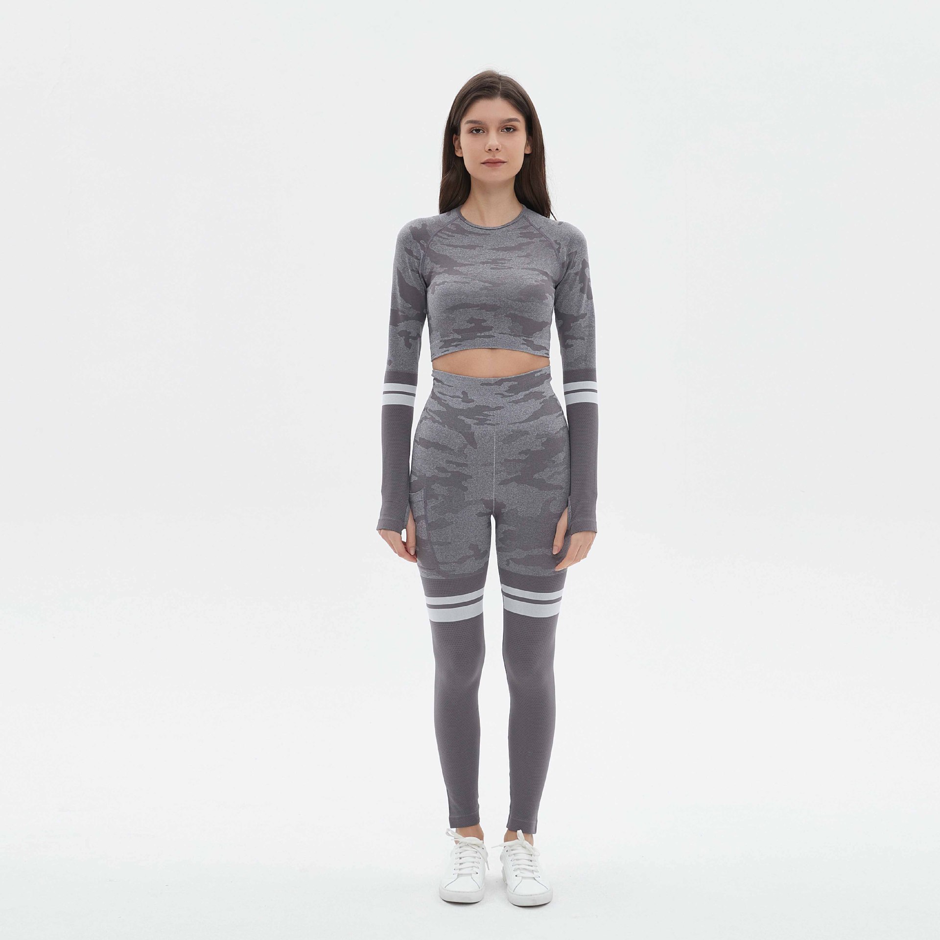 Custom logo 3-piece seamless camo sports bra and leggings set